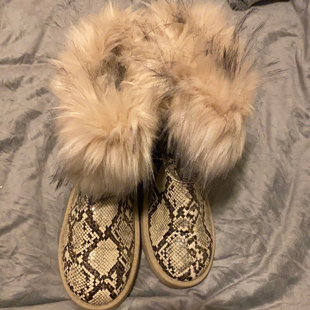 Furry brown & nude boots . VERY COMFORTABLE & WARM . They are great for winter.